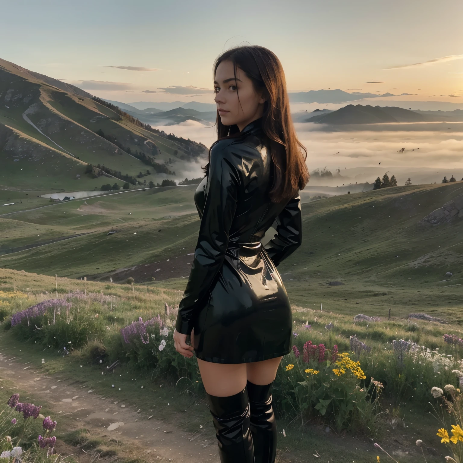Create a stunning, hyper-realistic photo of a girl in a serene mountain meadow at sunrise. She is wearing a sleek black latex dress paired with knee-high black latex boots. The meadow is filled with vibrant wildflowers in a variety of colors, and the mist is just beginning to lift, revealing the majestic mountains in the background. The girl is standing with her back to the camera, gazing out at the breathtaking landscape. The early morning light bathes everything in a soft, golden glow, creating a peaceful and enchanting scene.