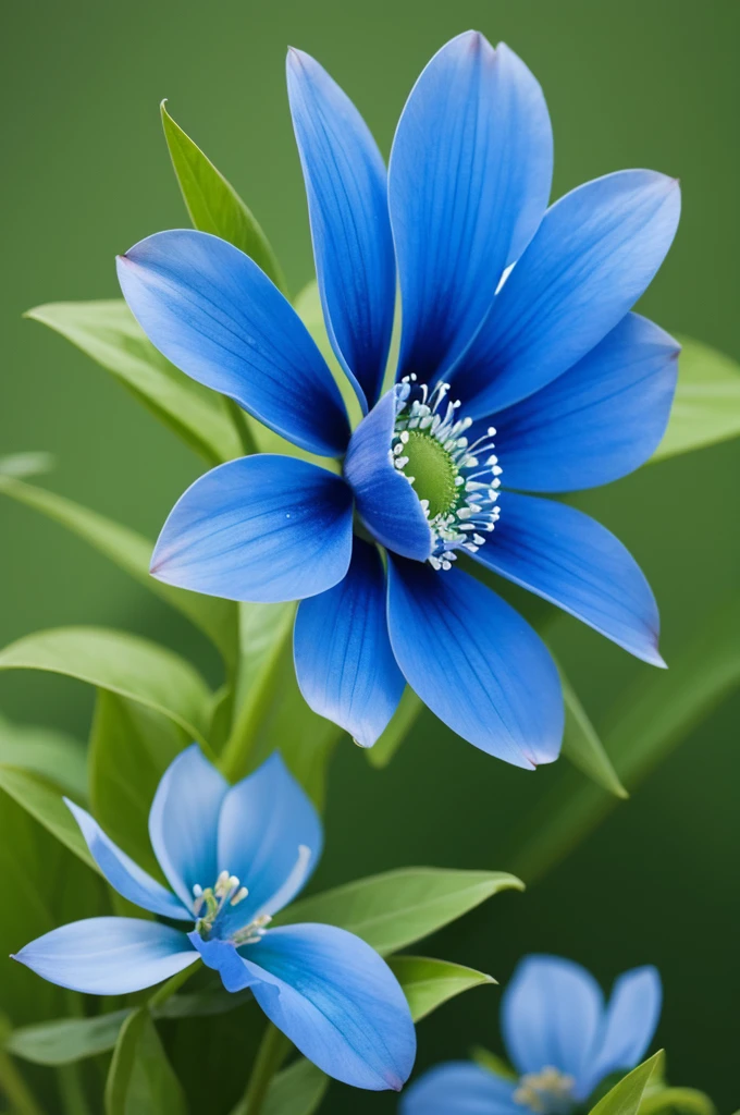blue flower blooming, green background