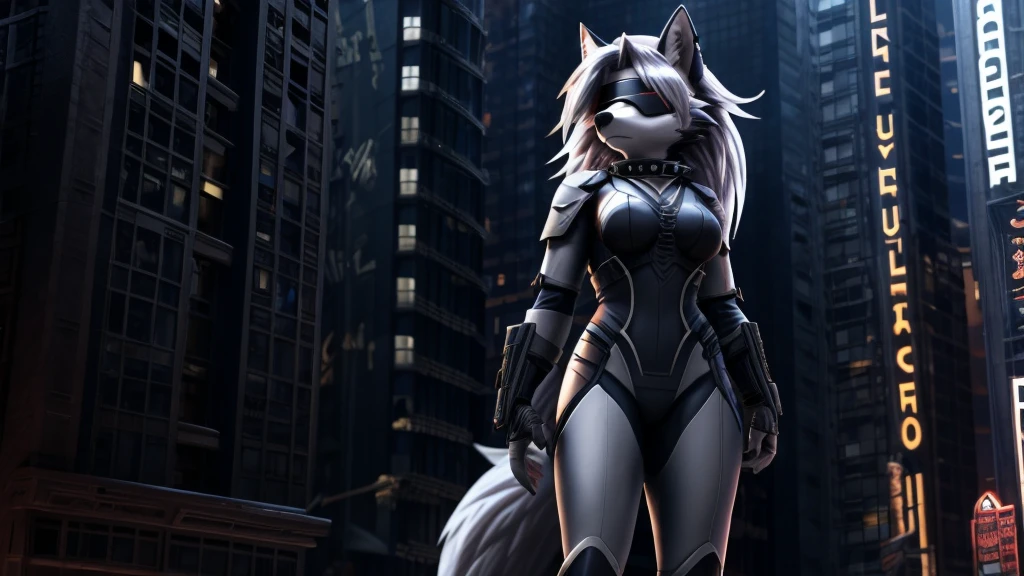 Loona from Helluva Boss, female white wolf, short white hair, blindfold, white combat military armor suit, combat mask, standing above a building, New York, night, dark lighting, extremely detailed, solo, beautiful, high quality, 4K