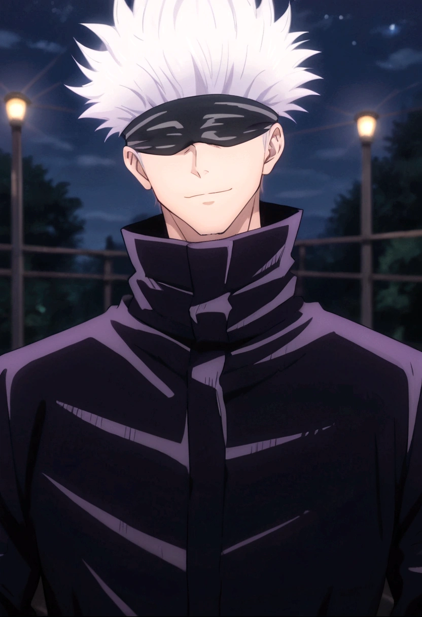 score_9, score_8_up, score_7_up, SatoruGojo, solo, smile, short hair, long sleeves, 1boy, closed mouth, jacket, upper body, male focus, blurry, night, blurry background, high collar, blindfold, covered eyes, black blindfold, purple jacket, anime screenshot, anime screencap, anime coloring, dramatic composition, cinematic lighting, (masterpiece, best quality, Professional, perfect composition, very aesthetic, absurdres, ultra-detailed, intricate details:1.3)