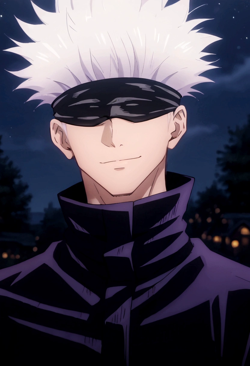 score_9, score_8_up, score_7_up, SatoruGojo, solo, smile, short hair, long sleeves, 1boy, closed mouth, jacket, upper body, male focus, blurry, night, blurry background, high collar, blindfold, covered eyes, black blindfold, purple jacket, anime screenshot, anime screencap, anime coloring, dramatic composition, cinematic lighting, (masterpiece, best quality, Professional, perfect composition, very aesthetic, absurdres, ultra-detailed, intricate details:1.3)