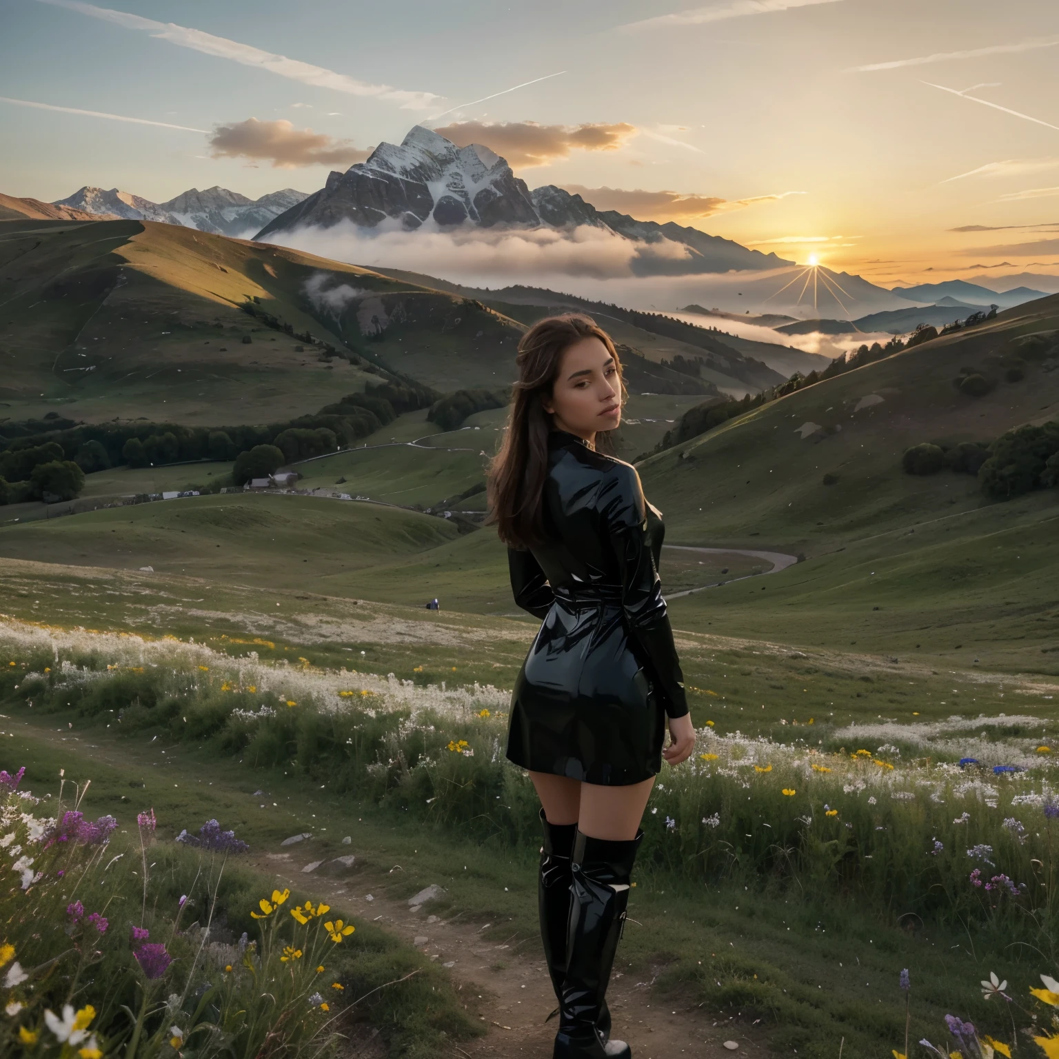Create a stunning, hyper-realistic photo of a girl in a serene mountain meadow at sunrise. She is wearing a sleek black latex dress paired with knee-high black latex boots. The meadow is filled with vibrant wildflowers in a variety of colors, and the mist is just beginning to lift, revealing the majestic mountains in the background. The girl is standing with her back to the camera, gazing out at the breathtaking landscape. The early morning light bathes everything in a soft, golden glow, creating a peaceful and enchanting scene.