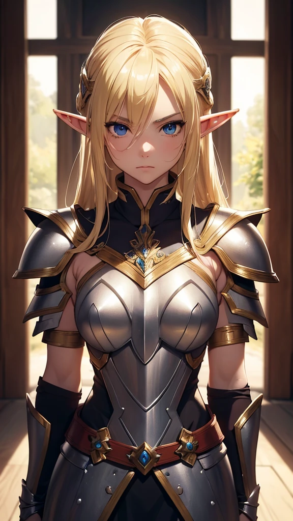 ((masterpiece, best quality)), manga style, elf warrior in armor, blond hair, elf ears, hands behind back, best qualityer，8K， masterpiece, high resolution,1girl, two tone lighting, (high detail skin：1.2), beautiful face, gentle illumination,