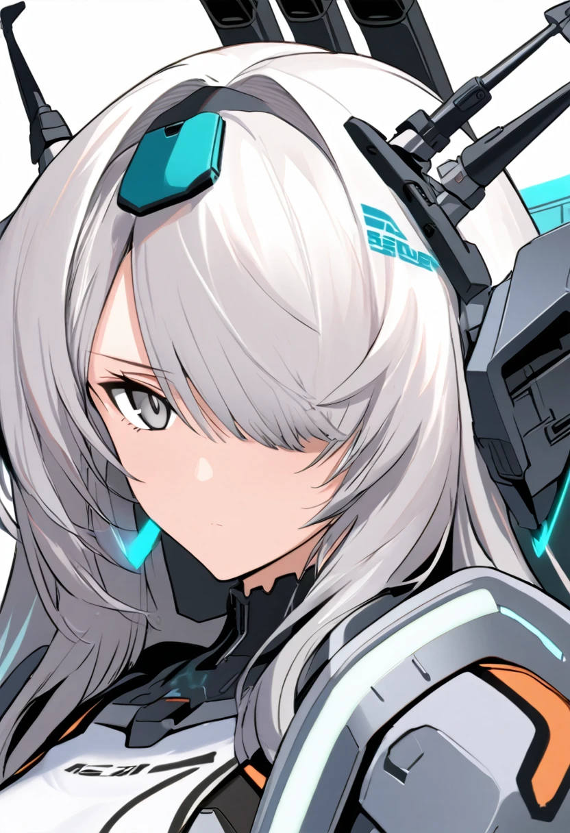 score_9_up, score_8_up, score_7_up, source_anime, 1girl, white hair, long hair, hair over one eye, grey eyes, expressionless, (portrait), science fiction, headgear, mecha musume