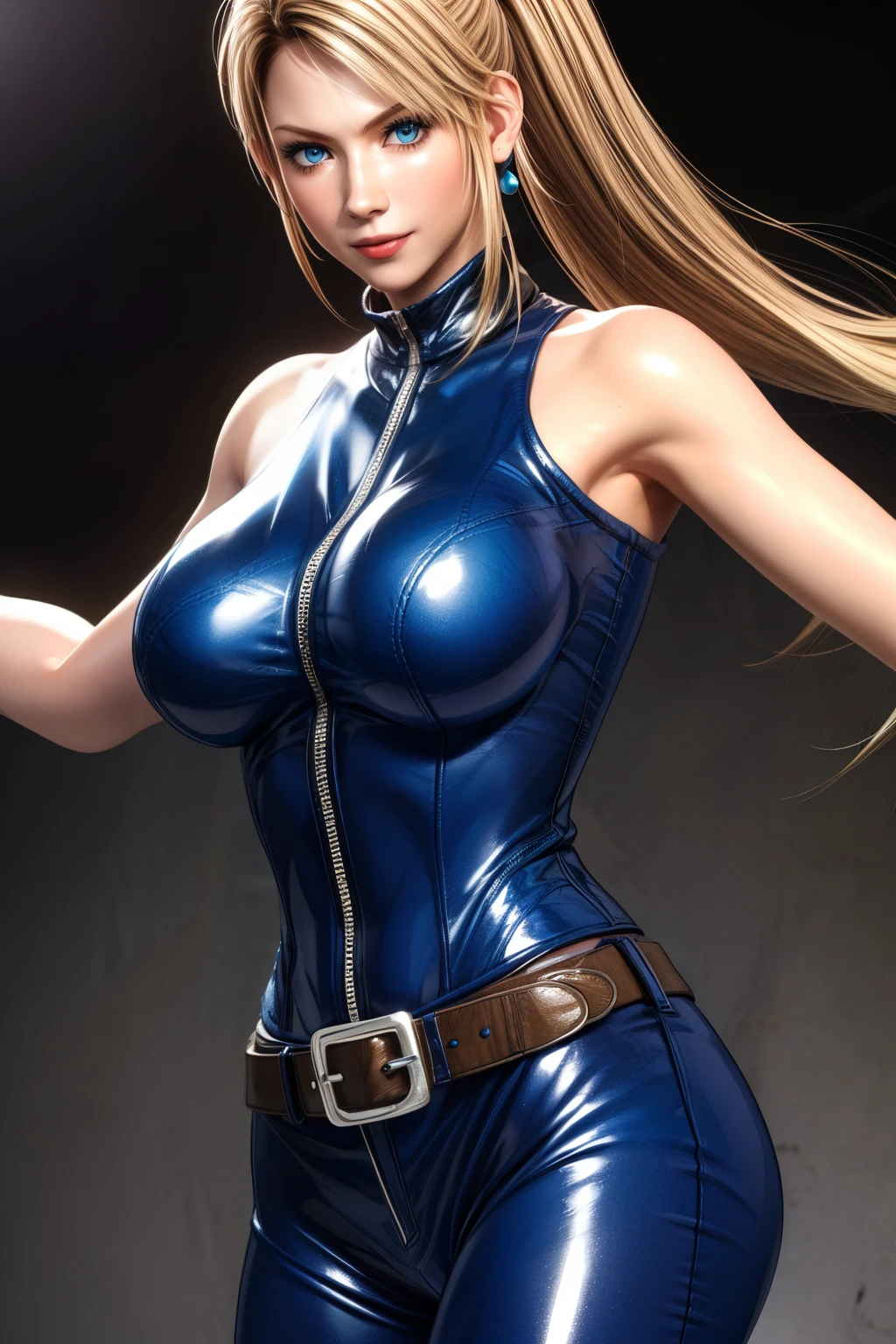 Sarah, blue eyes, long hair, cowboy shot, blonde hair, high ponytail, bodysuit, Shoulders exposed, (arms exposed:1.2), (tight blue bodysuit:1.1), belt ,sleeveless, zipper, boots, high heels, earrings, fingerless gloves, BREAK masterpiece, 1 girl, RAW photo, (best quality:1.2), extremely delicate beautiful, very detailed, 2k wallpaper, amazing, fine details, extremely detailed CG Unity 8k wallpaper, super detailed, high resolution, (beautiful detailed girl:1.2), perfect anatomy, (shiny clothes:1.1), (smile:1.2), (upper body:1.4), (Realistic, Photorealistic:1.0), (thin nose:1.2), (breast focus:1.3), 20 year old, high nose bridge, (blue clothes:1.2), fighting pose, fighting arena, hands waving
