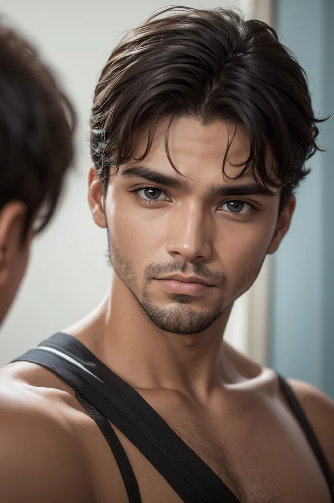 A 23 year old looking man drawn in RPG style, olhos claro pele parde e cabelo andulado curto
