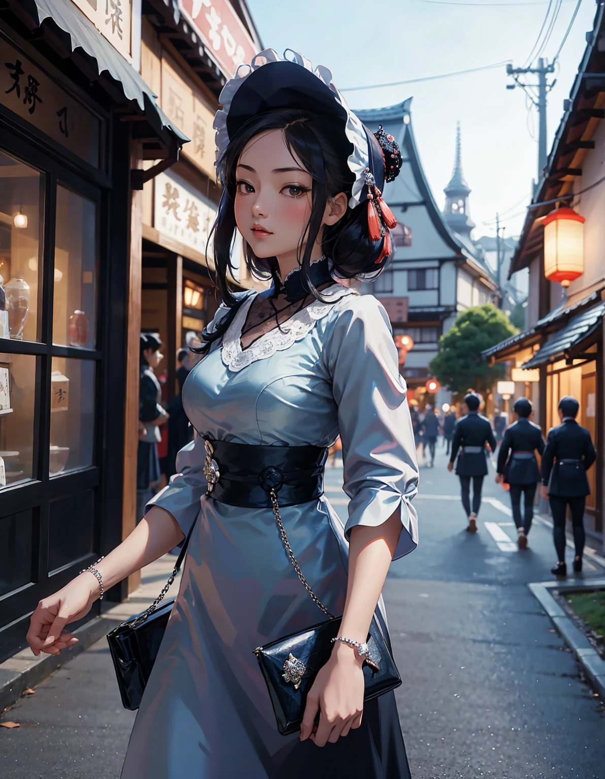 A young girl dressed in a Japanese gothic ta costume strolling along a Taisho-era street. The street is adorned with old-fashioned lanterns and traditional shops. She has a vintage handbag and wears a delicate lace bonnet. The scene exudes a blend of historical charm and gothic elegance, characteristic of the Taisho Roman aesthetic. --ar 3:4 --stylize 600 --niji 6