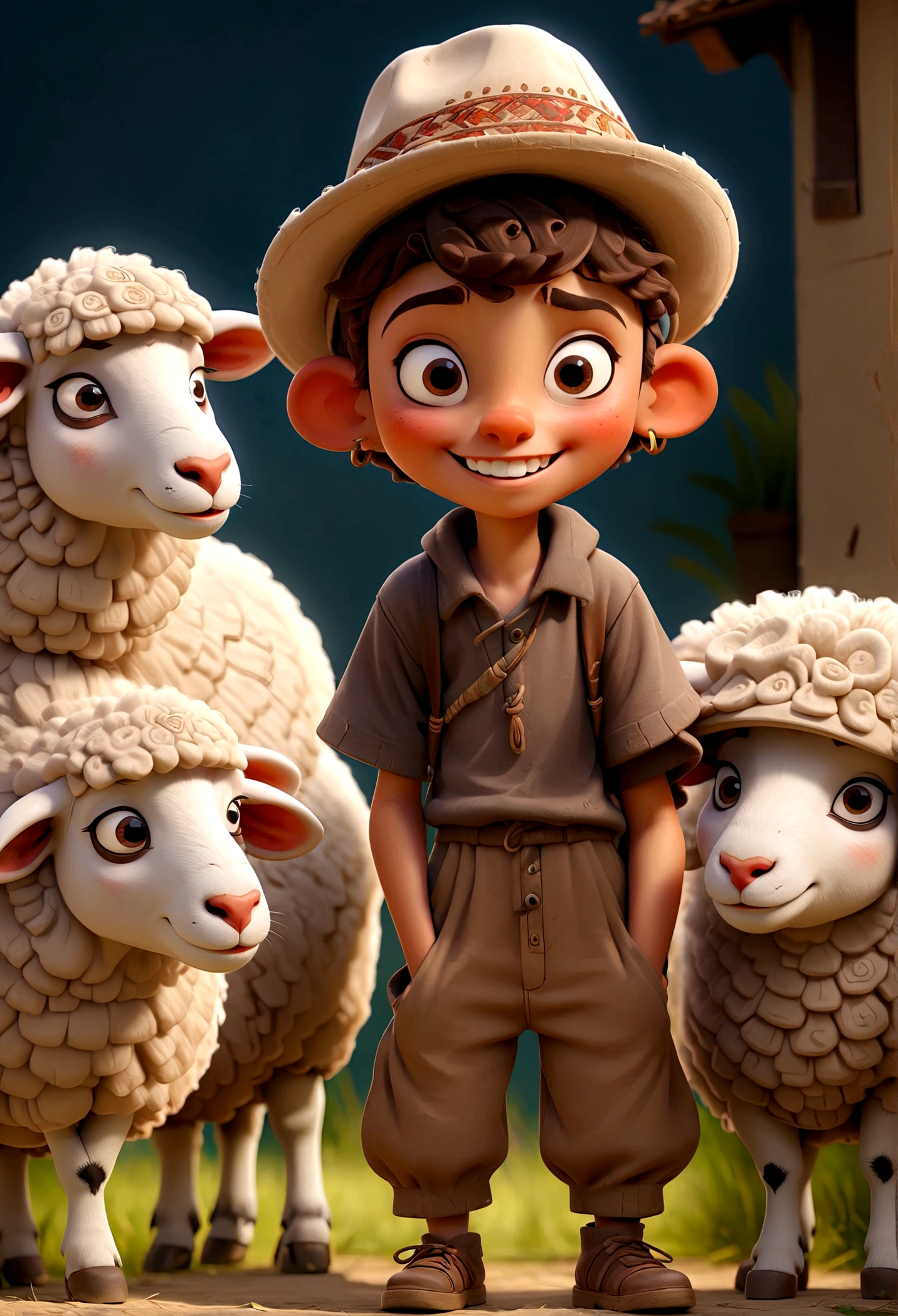 a boy sanding beside a sheep, wide smile, the boy wearing kufu hat, full body, detailed face, intricate details, highly detailed, cinematic lighting, dramatic shadows, bright atmosphere, digital painting, masterpiece, best quality, very aesthetic, wide camera 