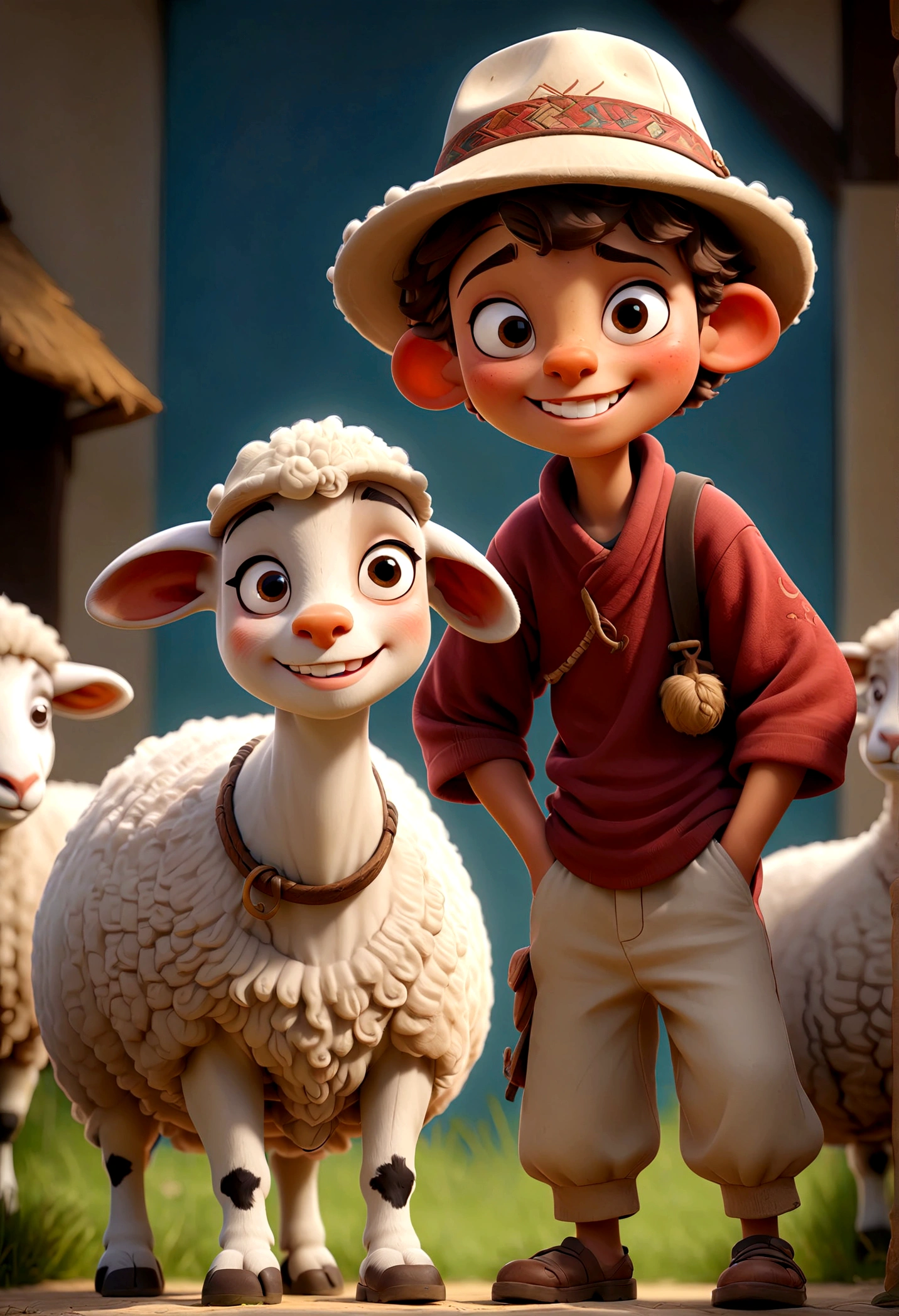 a boy sanding beside a sheep, wide smile, the boy wearing kufu hat, full body, detailed face, intricate details, highly detailed, cinematic lighting, dramatic shadows, bright atmosphere, digital painting, masterpiece, best quality, very aesthetic, wide camera 