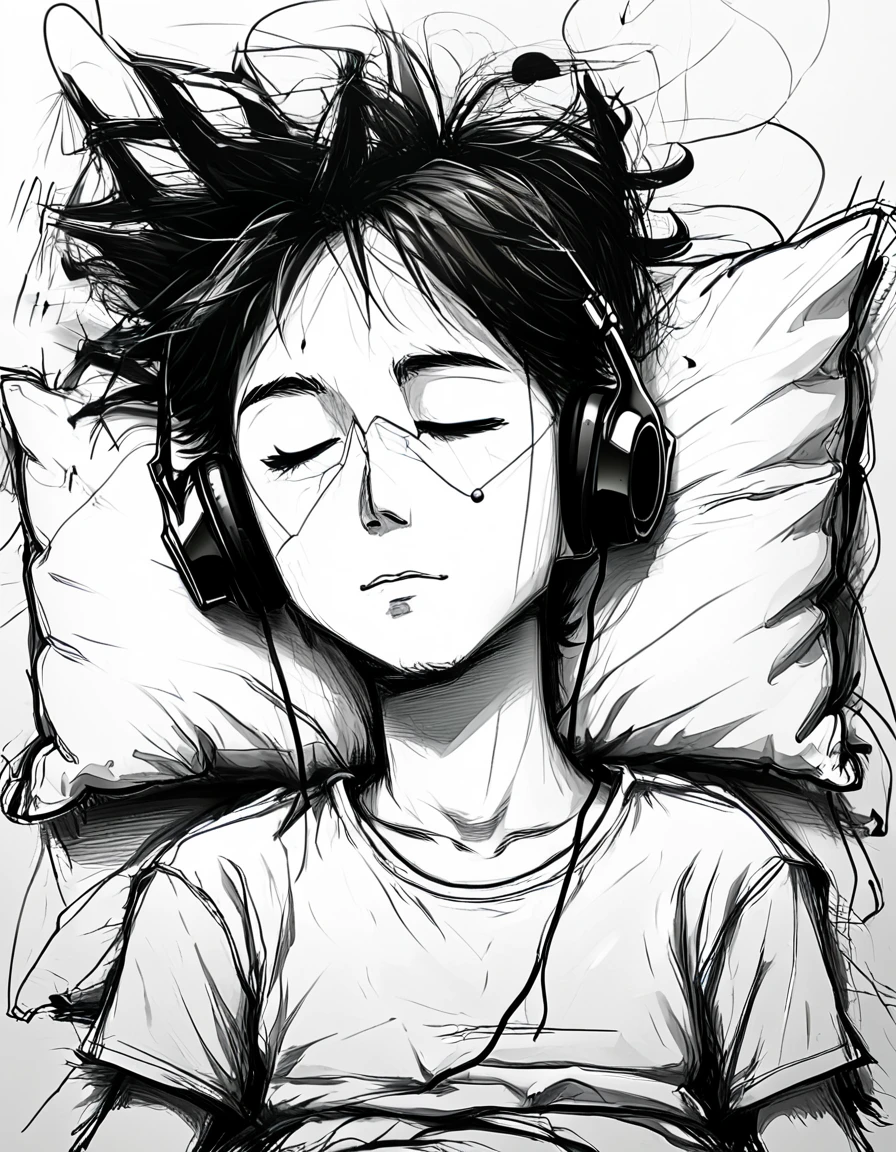 A broken heart boy lying on the bed listening music wearing headphones, line art anime art, sketch art 