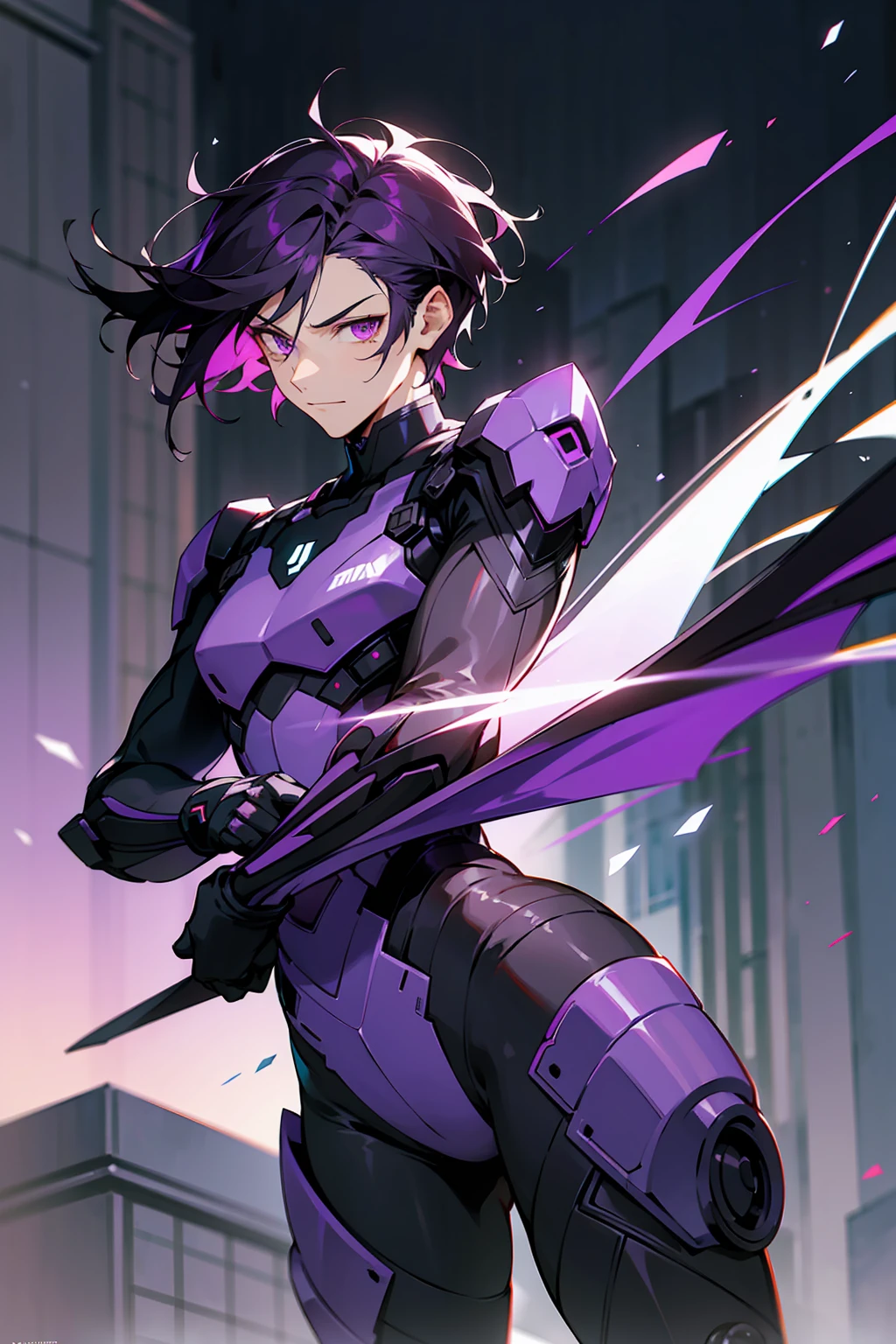 1male, Young Adult, Dark Violet Hair, Short Hair, Slight Smile, Standing In City, Detailed background, Black and White Combat Suit, Sharp Eyes, Purple Eyes