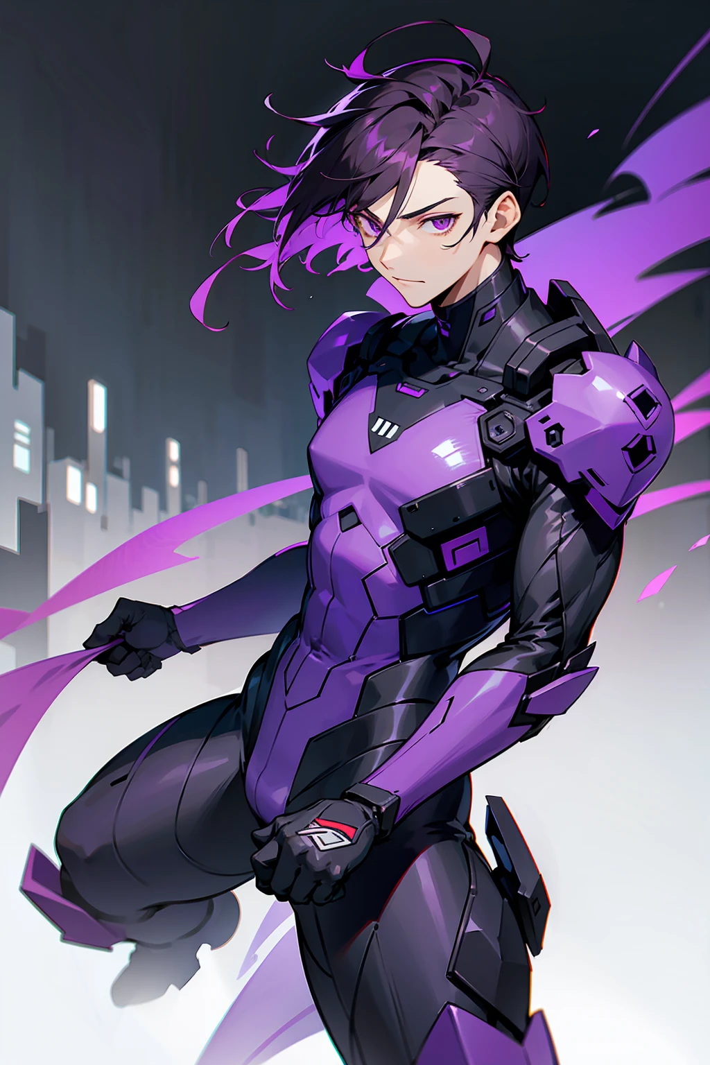 1male, Young Adult, Dark Violet Hair, Short Hair, Slight Smile, Standing In City, Detailed background, Black and White Combat Suit, Sharp Eyes, Purple Eyes