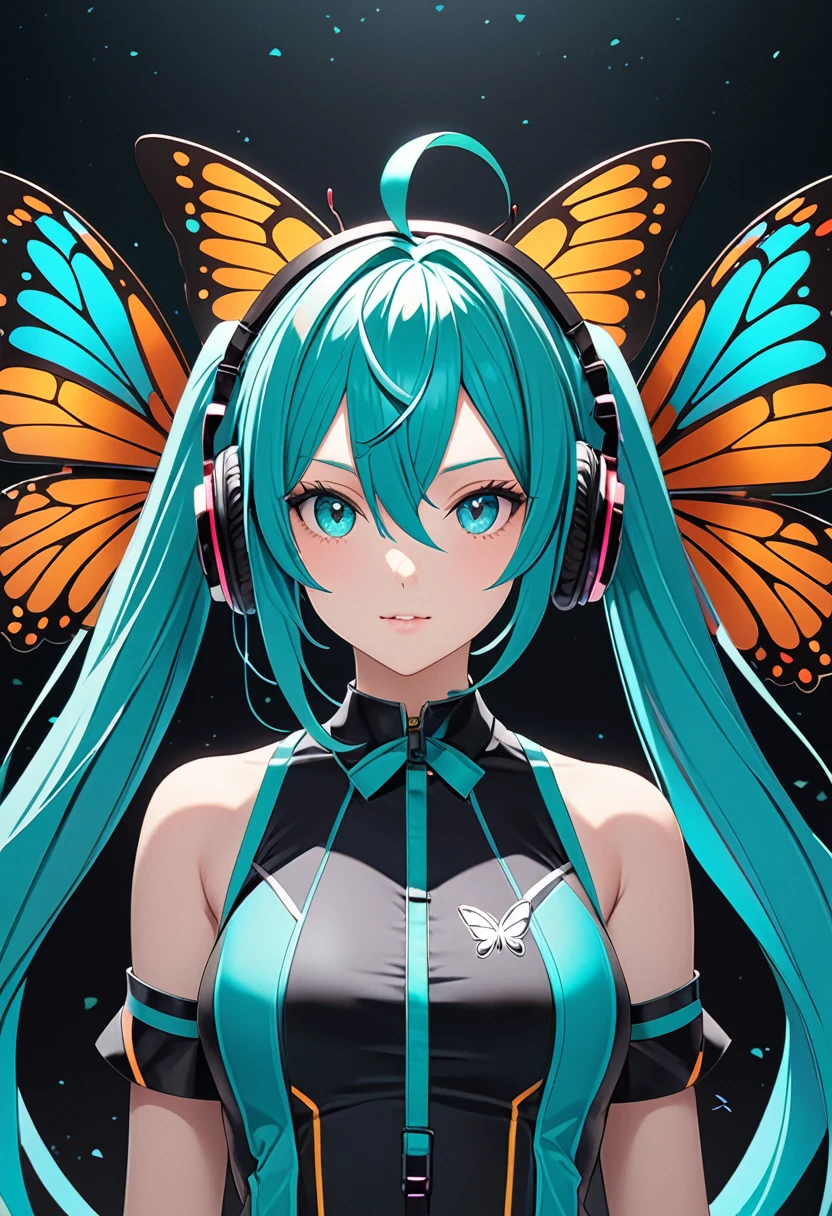 masterpiece, new, ai generated, perfect lighting, perfect_anatomy, better hands, more details, detailed background, best quality, vibrant colors, detailed background, sharp focus, facing viewer,black and dark tones in clothes , clothes show more skin, butterfly-shaped emblem on the chest, improved design elements, miku hatsune, ahoge, aqua eyes, aqua hair, crossed bangs, hair between eyes, hair ornament, headphones, long hair, twintails