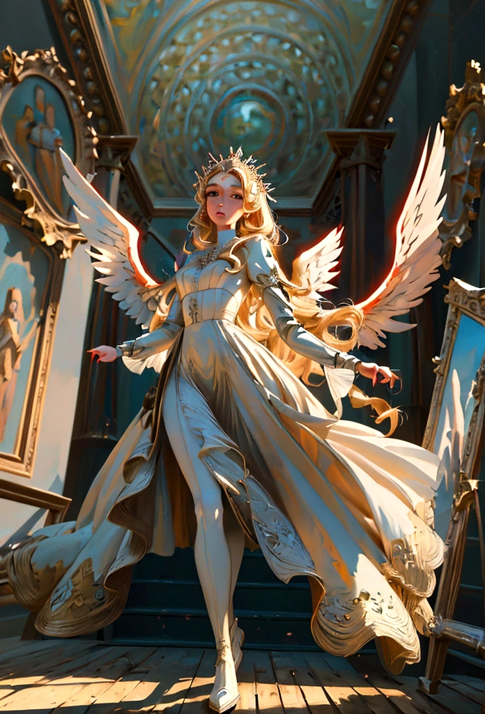 Arafed, a picture of a female angel in high society prom event, divine beautiful female angel, blond hair, long hair, flowing hair, the hair glows in a soft light, cerulean eyes, deep light eyes, divine beautiful face, folded white feather wings, she wears a ((red evening dress: 1.2)), elegant, intricate detailed dress, silk dress, she wears elegant knee high heeled boots, exquisite high heeled boots, she stands on the porch of a fantasy castle, dynamic angle, soft torch light, (Masterpiece: 1.5), 16k, highres, best quality, high details, ultra detailed, masterpiece, best quality, (extremely detailed), AngelStyle, GlowingRunesAI_paleblue, angel_wings