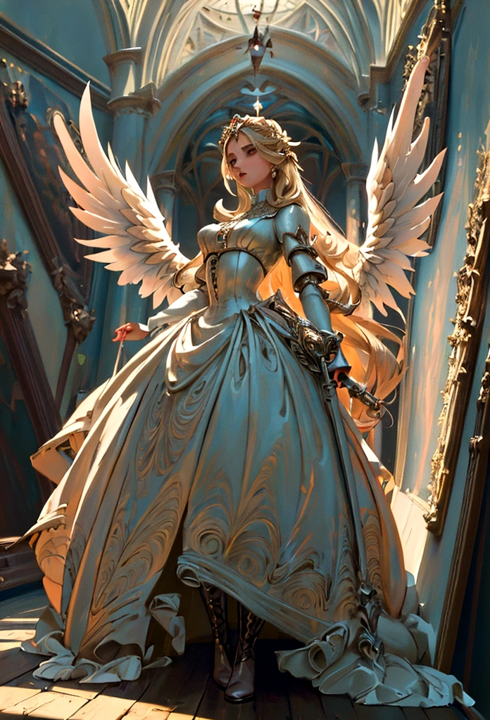 Arafed, a picture of a female angel in high society prom event, divine beautiful female angel, blond hair, long hair, flowing hair, the hair glows in a soft light, cerulean eyes, deep light eyes, divine beautiful face, folded white feather wings, she wears a ((red evening dress: 1.2)), elegant, intricate detailed dress, silk dress, she wears elegant knee high heeled boots, exquisite high heeled boots, she stands on the porch of a fantasy castle, dynamic angle, soft torch light, (Masterpiece: 1.5), 16k, highres, best quality, high details, ultra detailed, masterpiece, best quality, (extremely detailed), AngelStyle, GlowingRunesAI_paleblue, angel_wings