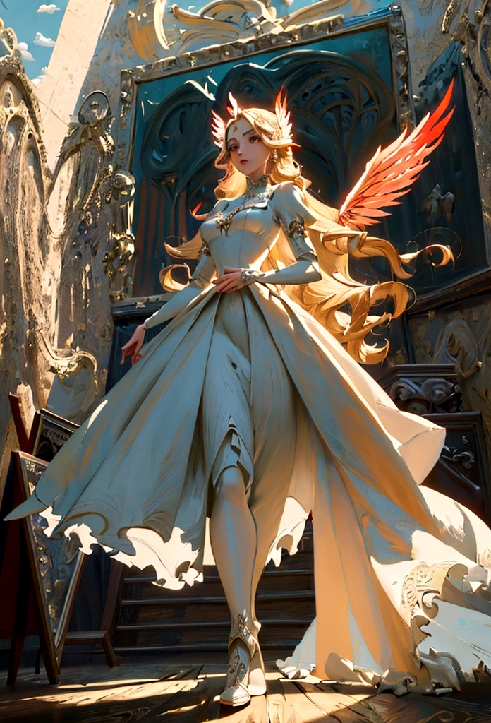 Arafed, a picture of a female angel in high society prom event, divine beautiful female angel, blond hair, long hair, flowing hair, the hair glows in a soft light, cerulean eyes, deep light eyes, divine beautiful face, folded white feather wings, she wears a ((red evening dress: 1.2)), elegant, intricate detailed dress, silk dress, she wears elegant knee high heeled boots, exquisite high heeled boots, she stands on the porch of a fantasy castle, dynamic angle, soft torch light, (Masterpiece: 1.5), 16k, highres, best quality, high details, ultra detailed, masterpiece, best quality, (extremely detailed), AngelStyle, GlowingRunesAI_paleblue, angel_wings