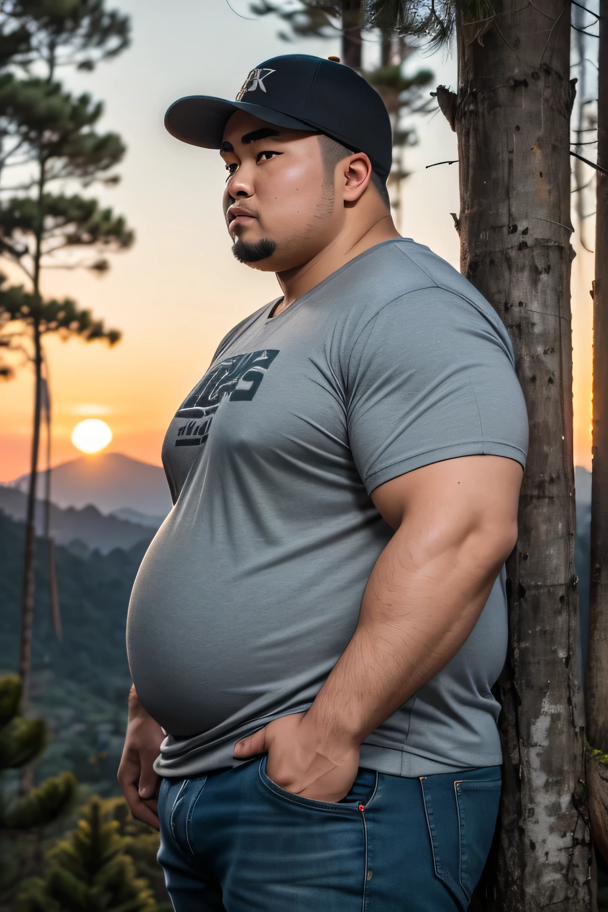 (8K, high definition, high quality, highly detailed) Tall and handsome obese Asian guy. big tummy. about face. turning his face to the side. wearing a t- shirt. wearing jacket and jeans. wearing a baseball cap. black and gray color palette. pine trees on the background. Baguio City, Philippines. sunset. blurred background.