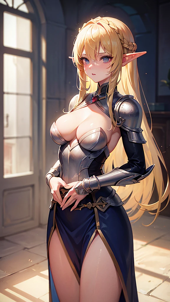 ((masterpiece, best quality)), manga style, elf warrior in armor, blond hair, elf ears, hands behind back, best qualityer,8K, masterpiece, high resolution,1girl, two tone lighting, (high detail skin:1.2), beautiful face, gentle illumination,