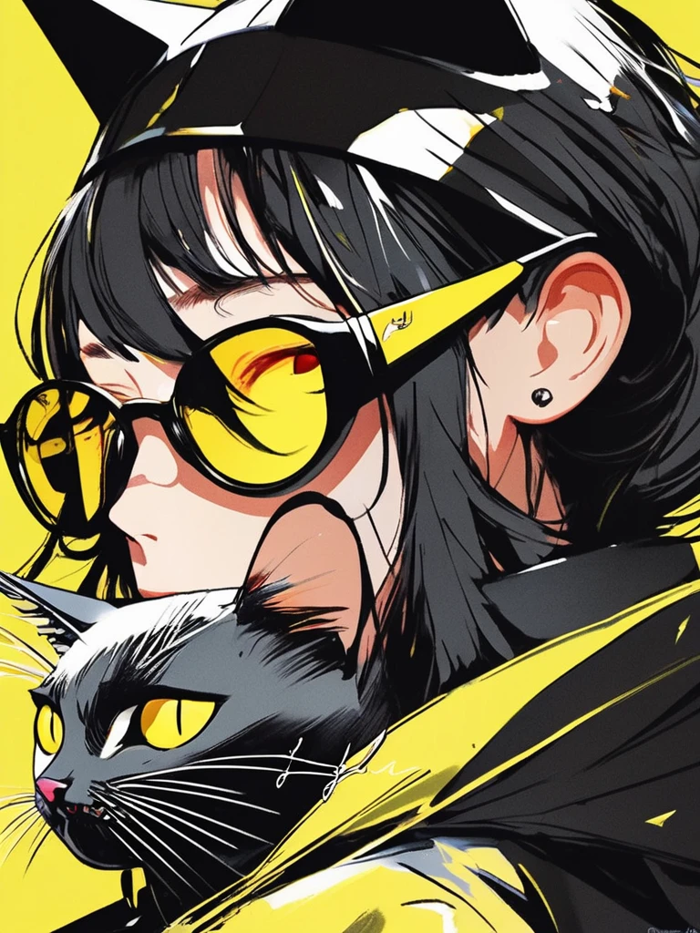 Anime girl wearing sunglasses in her hair, Guweiz style artwork, Digital illustration style, Anime style illustration, Anime style 4k, yellow-eyed, with glowing eyes, Beautiful young catwoman, style of anime. 8K, cat woman, by Qu Leilei, author:Hero, persona 5 art style wlop