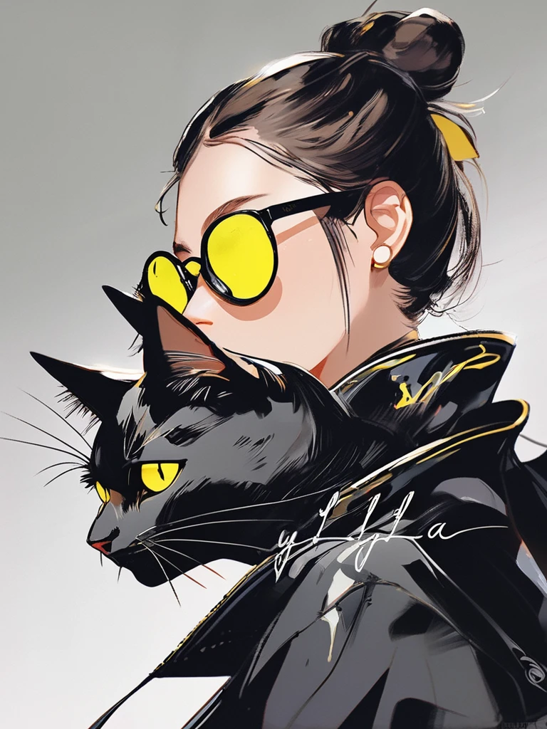Anime girl wearing sunglasses in her hair, Guweiz style artwork, Digital illustration style, Anime style illustration, Anime style 4k, yellow-eyed, with glowing eyes, Beautiful young catwoman, style of anime. 8K, cat woman, by Qu Leilei, author：Hero, persona 5 art style wlop