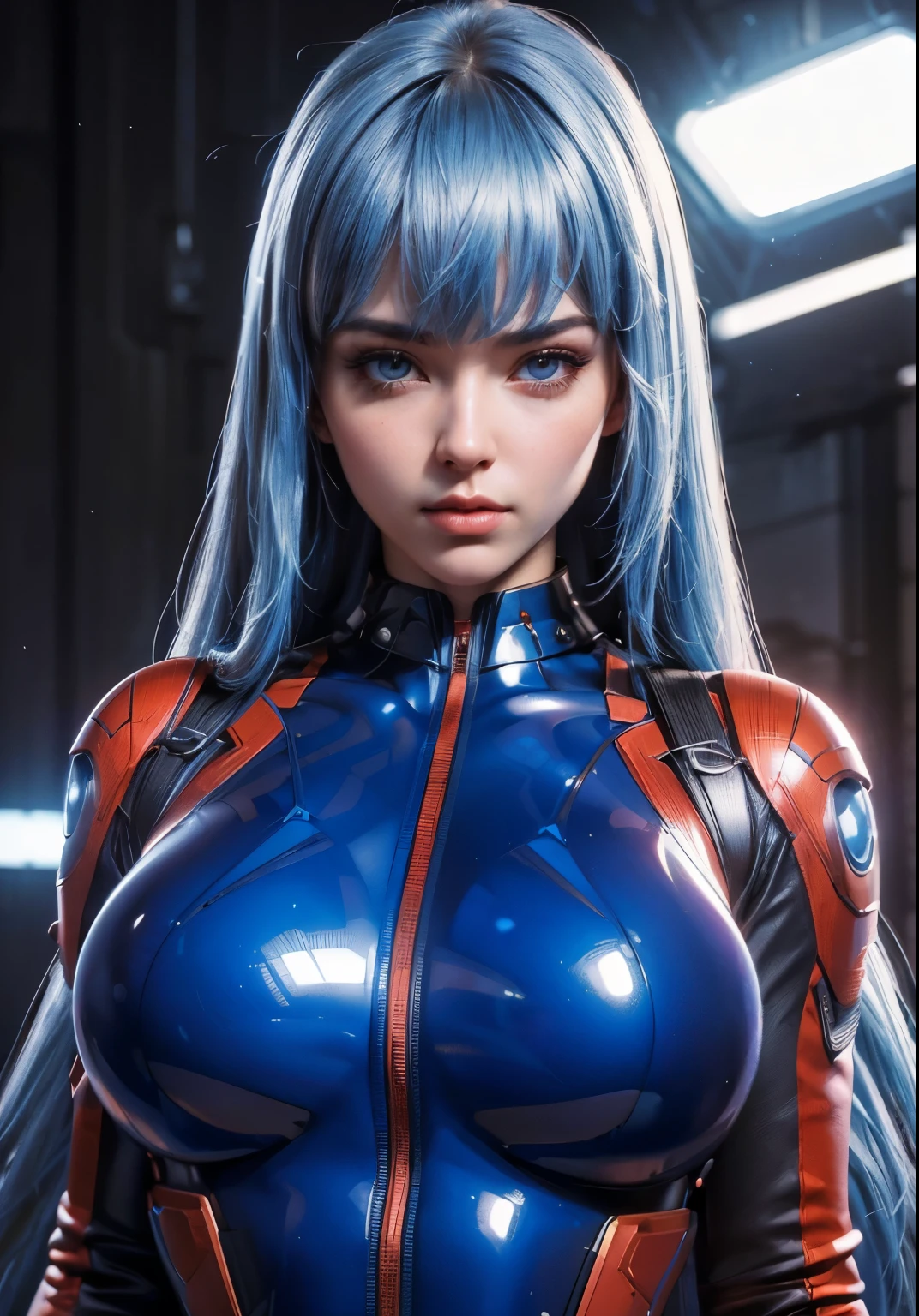 Waist up ((Extremely detailed asymmetric realistic masterpiece)) hyperrealistic masterpiece, Superhero very beauty girl ((in futuristic aesthetic style)) in extremely detailed tech plugsuit, cinematic illumination: 8k, glowing, concept art, smooth, sharp focus, illustration