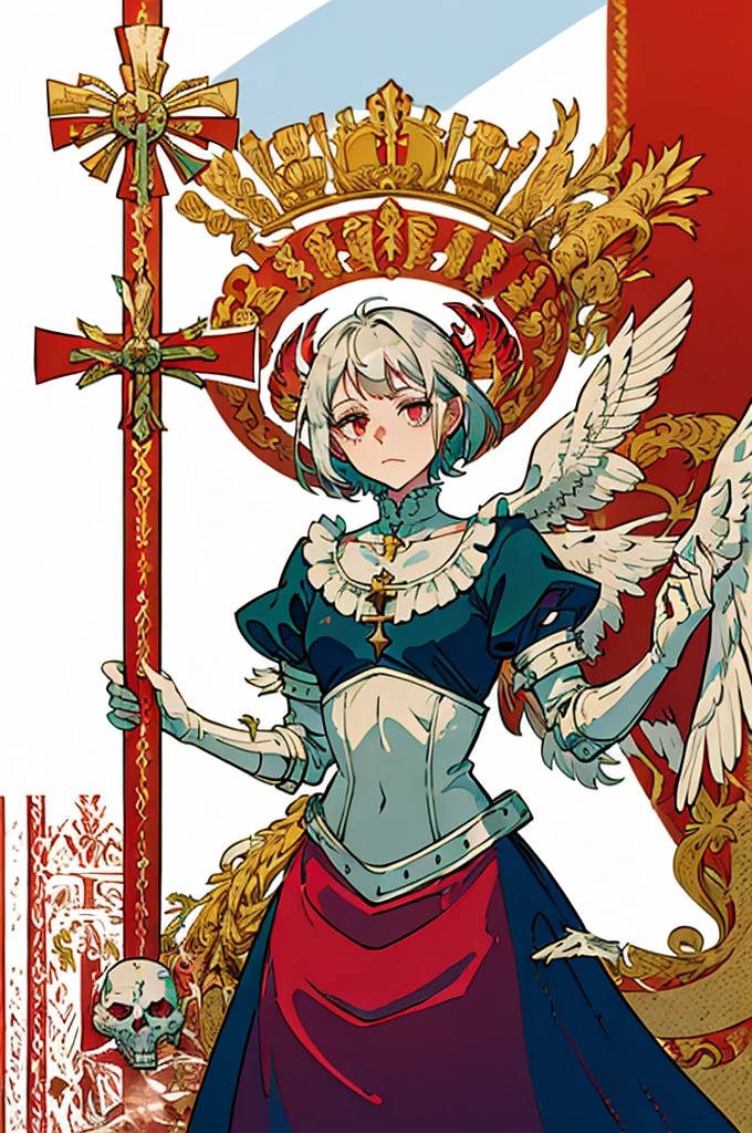 flagmaker, medieval knight group, the flag representing Crucifixus, Experrectus, Reanimatus or The Crucified, The Awakened, And The Reanimated, the flags' colors consist of black, red, white, gold and silver. The flag consists of an angel holding a skull with red eyes and a bloody sword, the angel has a cross on the front of her shirt. 