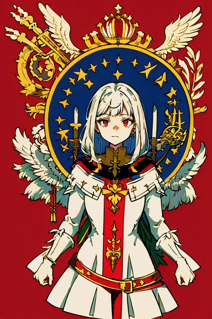 flagmaker, medieval knight group, the flag representing Crucifixus, Experrectus, Reanimatus or The Crucified, The Awakened, And The Reanimated, the flags' colors consist of black, red, white, gold and silver. The flag consists of an angel holding a skull with red eyes and a bloody sword, the angel has a cross on the front of her shirt.
