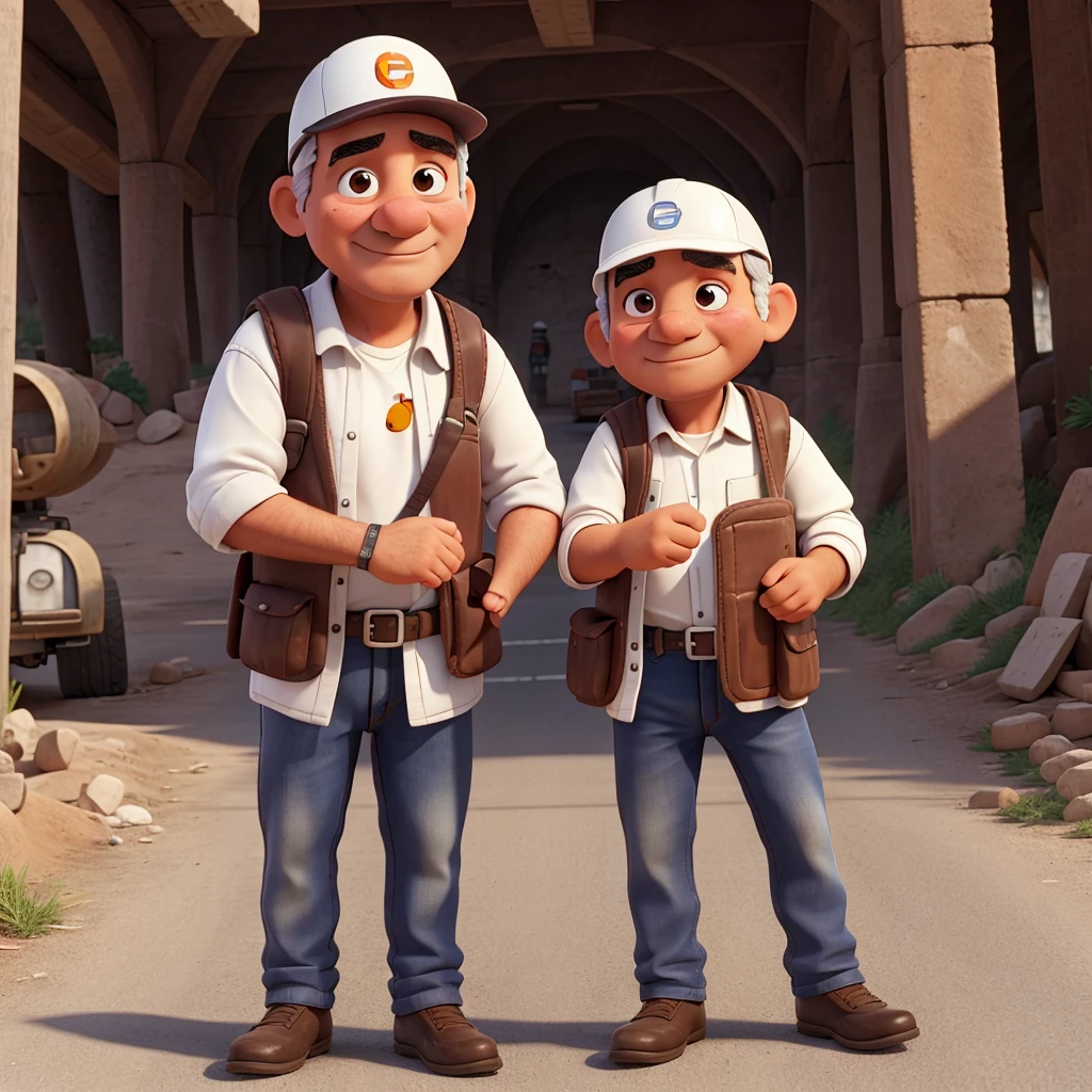 Papa que es ingeniero civil usando un casco blanco agarrando la mano de su hija, en una obra de carreteras