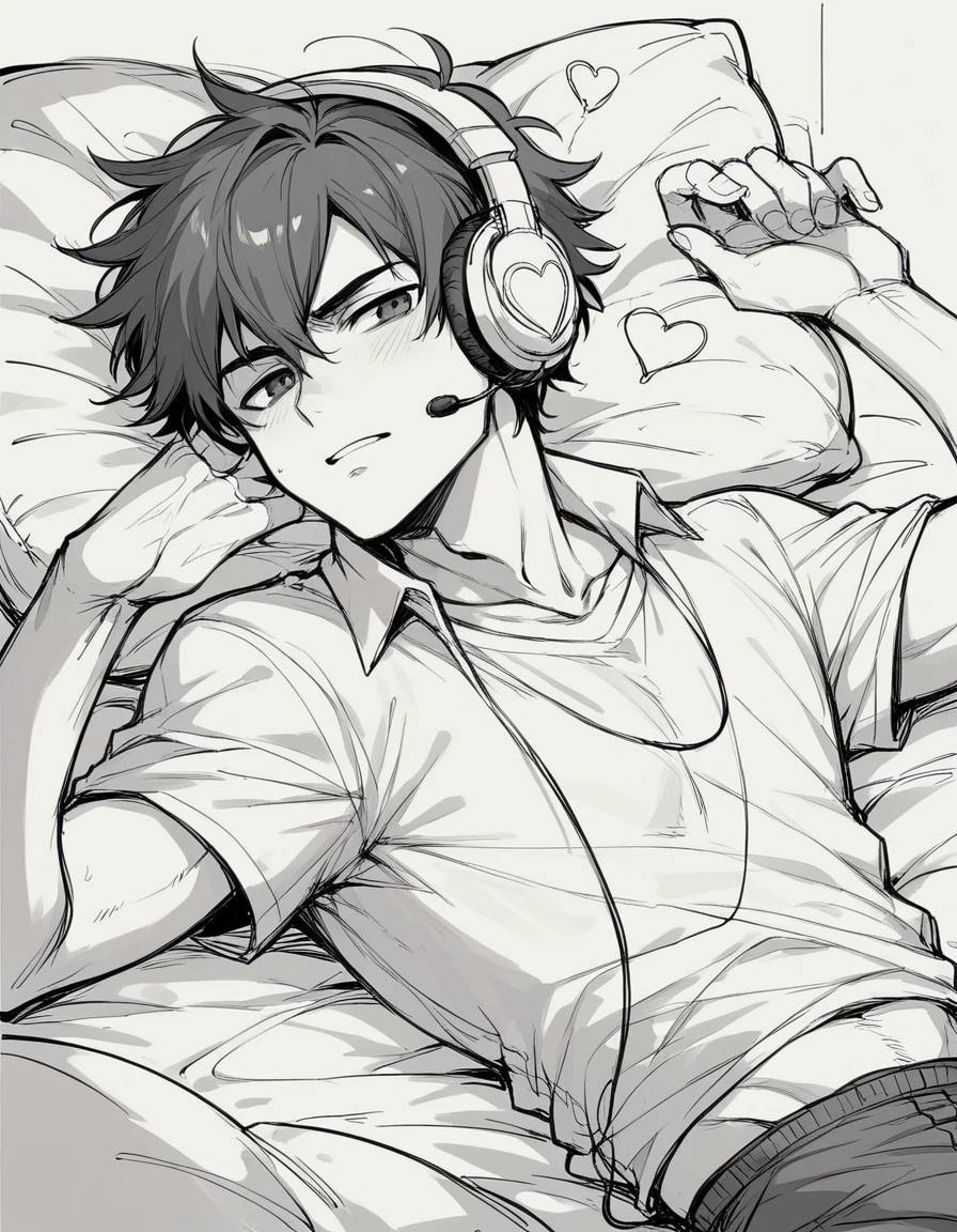 A broken heart boy lying on the bed listening music wearing headphones, line art anime art, sketch art 