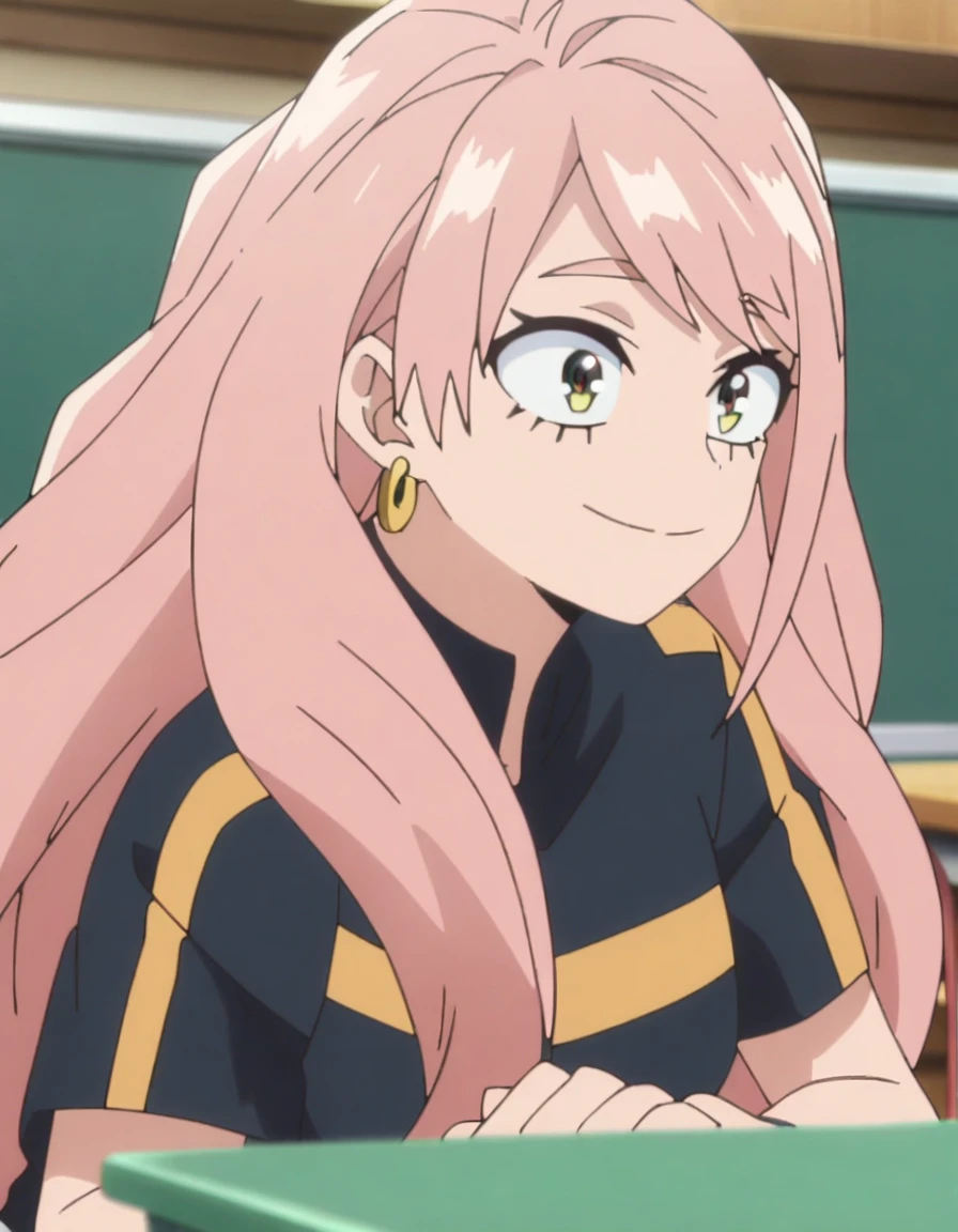 1girl, female focus, my hero academia screencap, boku no hero academia, pink hair, gold eyes, smiling, super long hair, cute, wearing my hero academia uniform , in a classroom, cute gold earrings, bangs
