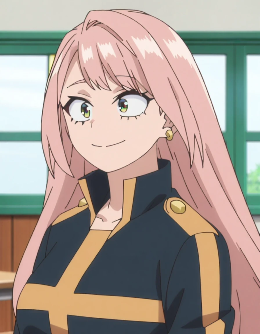 1girl, female focus, my hero academia screencap, boku no hero academia, pink hair, gold eyes, smiling, super long hair, cute, wearing my hero academia uniform , in a classroom, cute gold earrings, bangs
