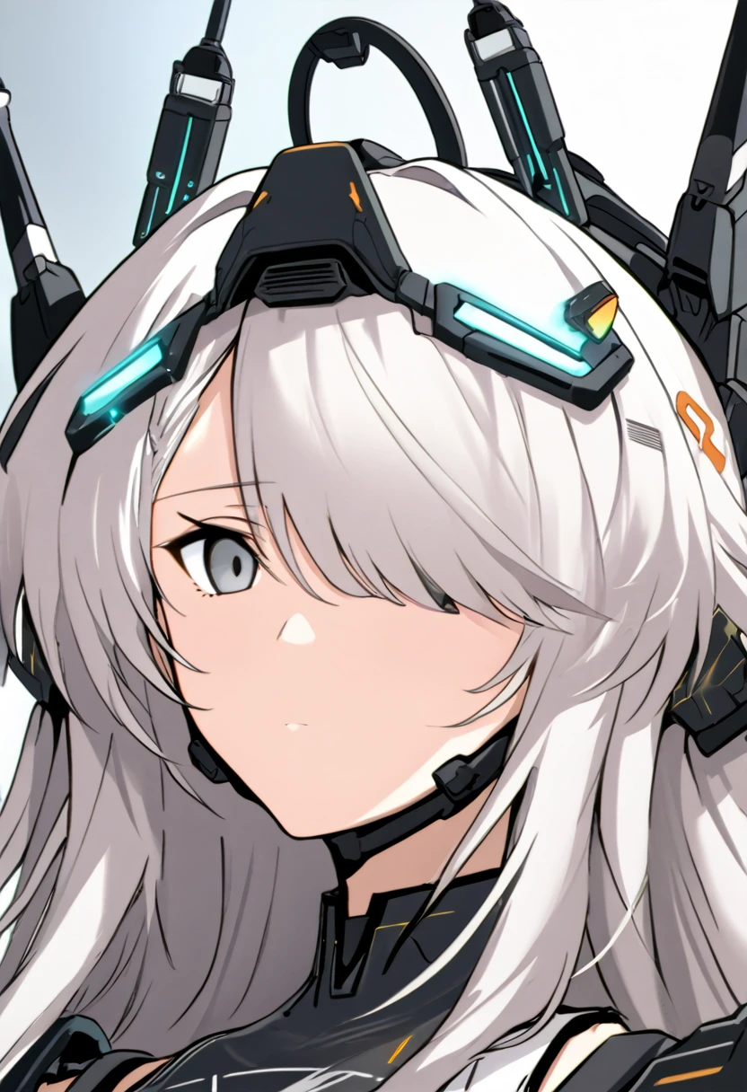 score_9_up, score_8_up, score_7_up, source_anime, 1girl, white hair, long hair, hair over one eye, grey eyes, expressionless, (portrait), science fiction, headgear, mecha musume