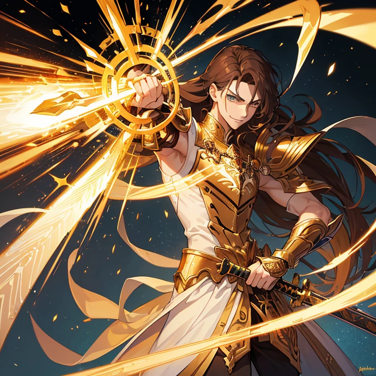 (Absurdres, best high quality)
1gentleman, (golden skin, long brown hair, green eyes, very thin lips), (big bulky golden armor), (holding a huge fire sword with left hand), (upright right hand, closed fist)beautiful male, beautiful face, cheerful smile, love, heroic, grey mountains background, Front shot