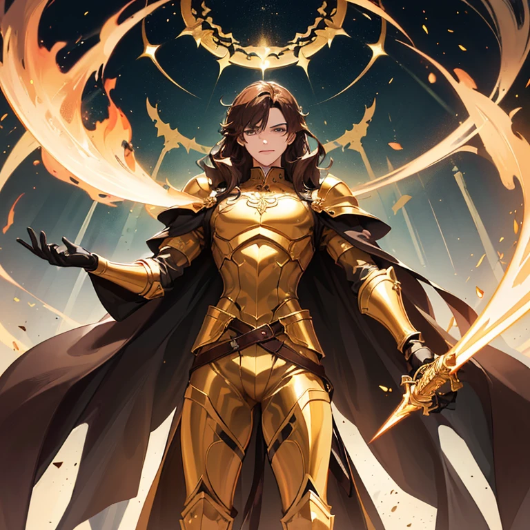 (Absurdres, best high quality)
1gentleman, (golden skin, long brown hair, green eyes, very thin lips), (big bulky golden armor), (holding a huge fire sword with left hand), (upright right hand, closed fist)beautiful male, beautiful face, cheerful smile, love, heroic, grey mountains background, Front shot
