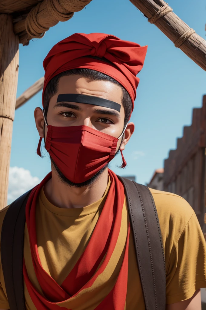 cartoon illustration, garoto de cabelos brancos, red mask and a brown bandana, camisa gola alta preta