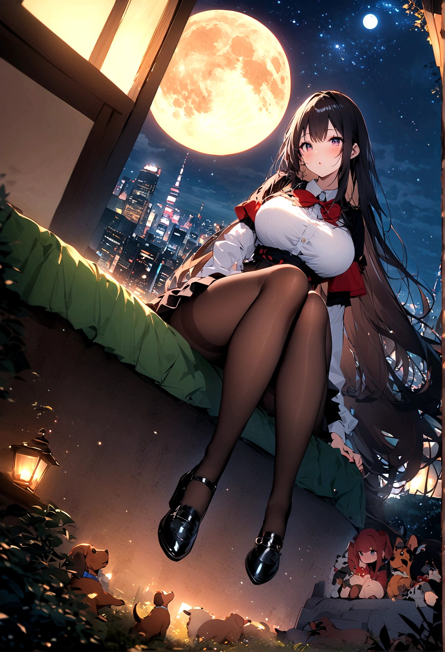 Dog 1、Woman 1、Red miniature dachshund、Red miniature dachshund long hair、dog'color is red、woman with very long black hair、Busty women、Spectacular views、Night Scene、The view from the top of the hill、Full moon night sky、swirling starry sky、8K、Best Quality、詳しいdogの顔、The woman is facing the opposite direction、Ria、I can't see a woman's face、The whole body is in the photo、Like the night view of Tokyo、The woman is wearing a miniskirt and her crotch is visible.、Pantyhose legs