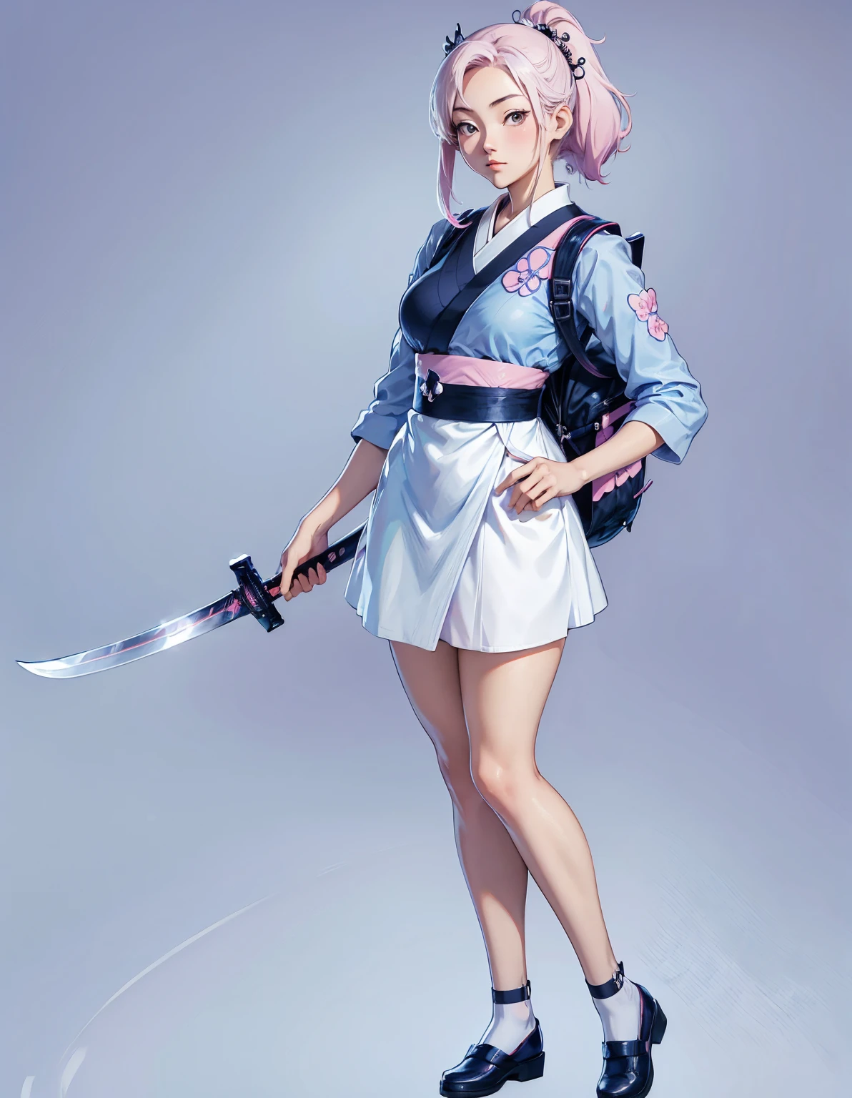 japenese manga style, cute girl, Japanese maid uniform, holding samurai sword, backpack on her back, full body shot, concept art, pastel simple background, --ar 3:4 --stylize 600 --niji 6