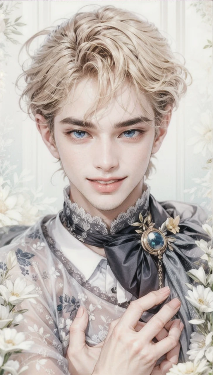 A stunningly lifelike portrait captures a 26-year-old man with blue eyes and handsome European features. Smile