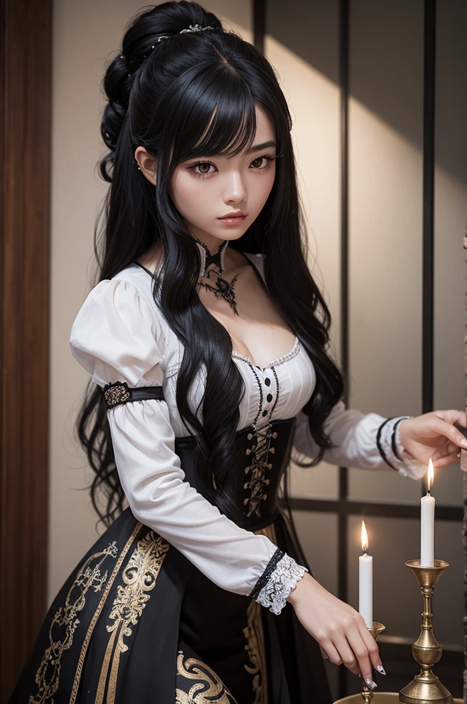 A young Brazilian woman with Chinese features and long black hair with a white streak and waves, pintando na janela de um castelo a luz de velas, I wish it was gothic and realistic.