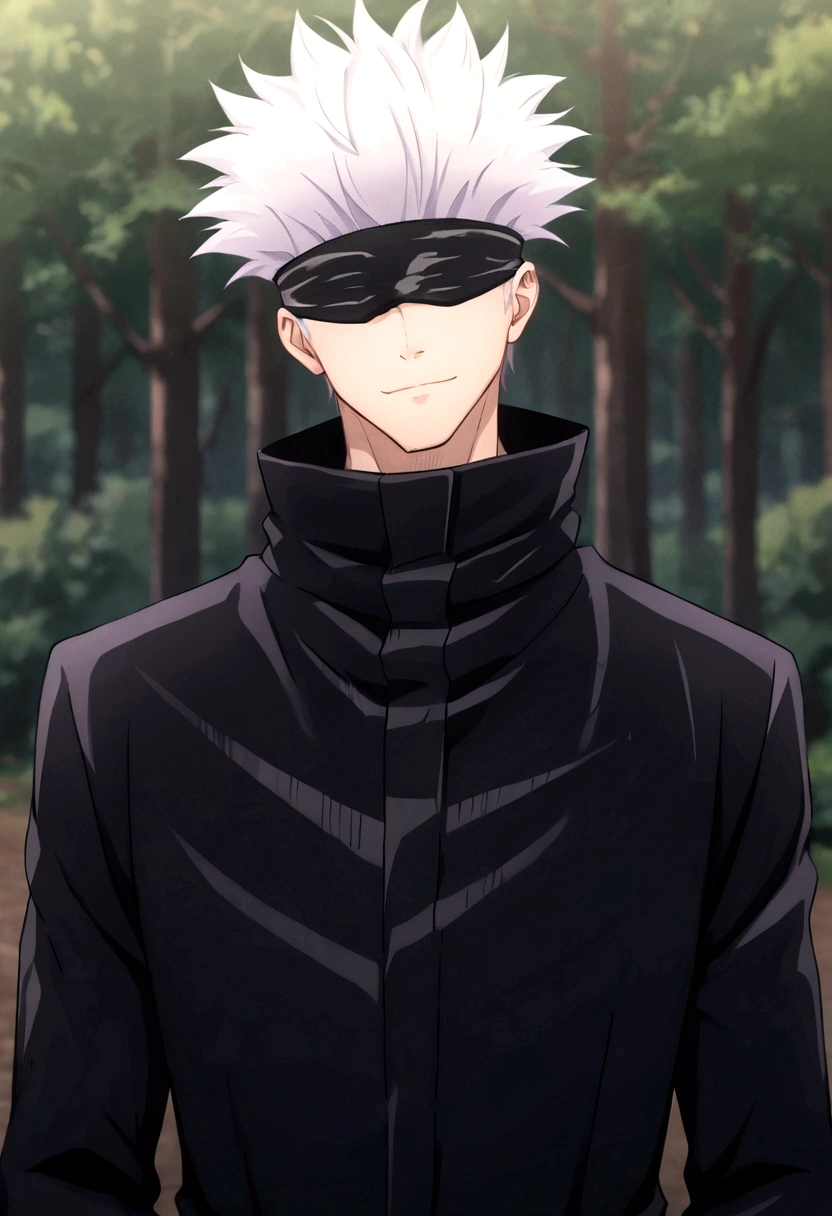 score_9, score_8_up, score_7_up, BREAK, source_anime, 1boy, SatoruGojo, solo, smile, short hair, long sleeves, closed mouth, jacket, upper body, male focus, blurry, blurry background, high collar, forest, day, (blindfold, covered eyes, black blindfold), purple jacket, anime screenshot, anime screencap, anime coloring, dramatic composition, cinematic lighting, (masterpiece, best quality, Professional, perfect composition, very aesthetic, absurdres, ultra-detailed, intricate details:1.3)