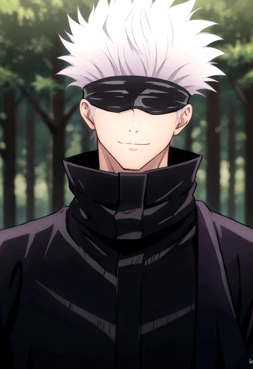 score_9, score_8_up, score_7_up, BREAK, source_anime, 1boy, SatoruGojo, solo, smile, short hair, long sleeves, closed mouth, jacket, upper body, male focus, blurry, blurry background, high collar, forest, day, (blindfold, covered eyes, black blindfold), purple jacket, anime screenshot, anime screencap, anime coloring, dramatic composition, cinematic lighting, (masterpiece, best quality, Professional, perfect composition, very aesthetic, absurdres, ultra-detailed, intricate details:1.3)