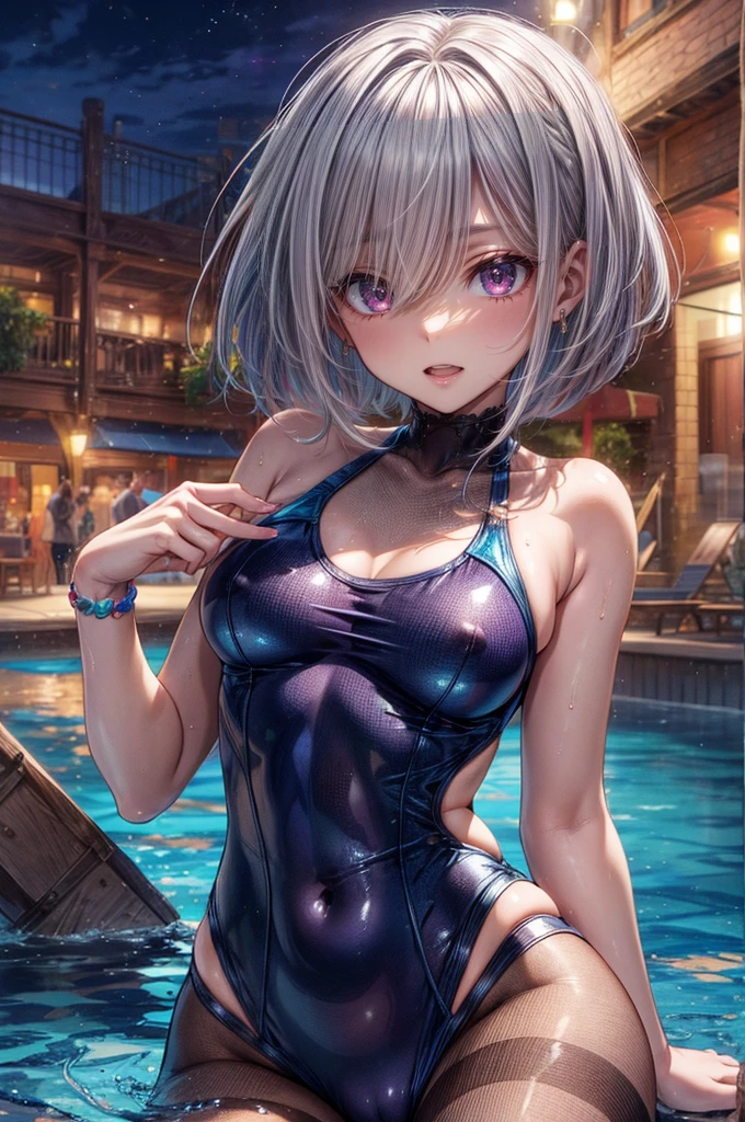 ((Swimsuit)), 4 defined fingers, 1 defined thumb, looking at viewer, solo, 1 woman, 25 years old, AI generated, highest quality, masterpiece, skindentation, perfect face, 8k , cowboy shot, short hair, (silver hair), bob cut, black eye, smile, thin thighs, medium breasts, perfect limbs, sexy, (visible nipples:0.9), (camel toe:0.5), (sit), pantyhose, standing, (close up), upper body,