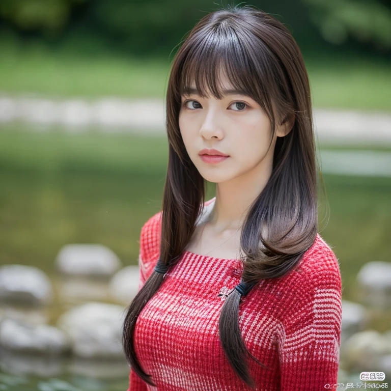 Japanese girl,The face is focused on the entire body.,), (Highest quality:1.4 3 D 8K, 45,000,000,000 pixels,),(Masterpiece:1.3),(sharp focus:1.2),Japanese girlสวมเสื้อยืดสีแดง), (Highest quality:1.4),(Masterpiece:1.3),(sharp focus:1.2), (Virtual image:1.4),(Beautiful woman in perfect style:1.4) , Long ponytail with bangs like Lisa's.),glowing face,full body photo,(Red cheeks:1.3), Standing and walking outdoors in the countryside