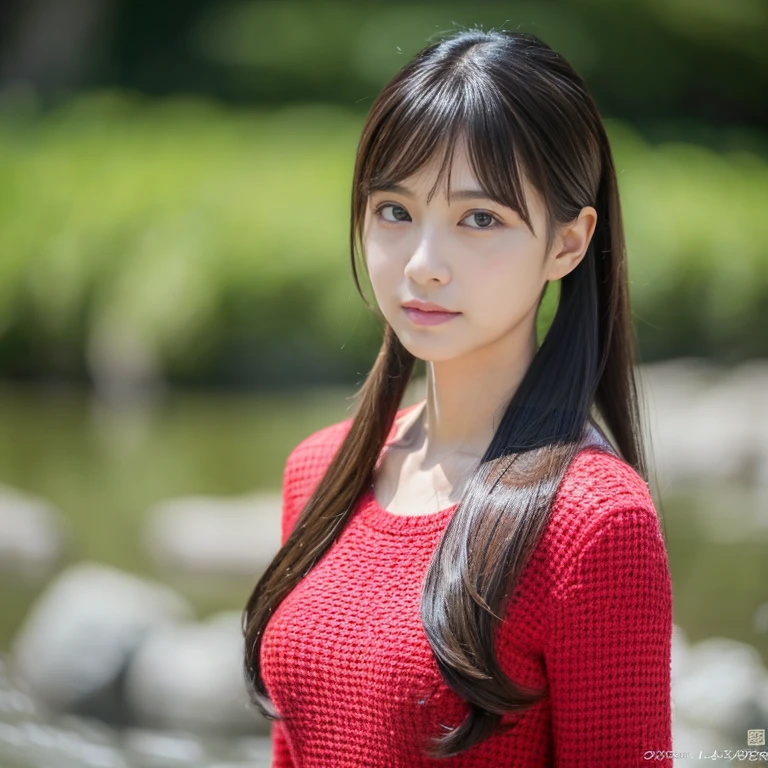 Japanese girl,The face is focused on the entire body.,), (Highest quality:1.4 3 D 8K, 45,000,000,000 pixels,),(Masterpiece:1.3),(sharp focus:1.2),Japanese girlสวมเสื้อยืดสีแดง), (Highest quality:1.4),(Masterpiece:1.3),(sharp focus:1.2), (Virtual image:1.4),(Beautiful woman in perfect style:1.4) , Long ponytail with bangs like Lisa's.),glowing face,full body photo,(Red cheeks:1.3), Standing and walking outdoors in the countryside