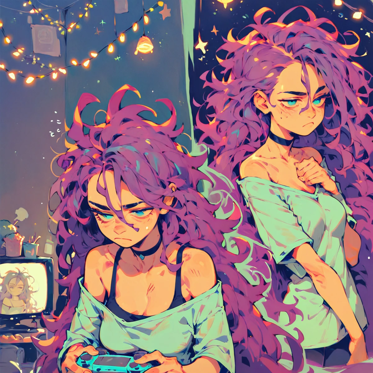 score_9_up, score_8_up, score_7_up, dynamic pose, portrait, headshot, multiple views, 1girl, NEET, (fair skin), tired, sleepy, (very long hair), (very messy hair), purple hair, (cyan eyes), medium breasts, frown, oversized shirt, (untucked shirt), off shoulder, bare shoulders, collarbone, choker, bike shorts, barefoot, (in a dark room), lights off, (dim lighting), messy room, junk food, (from behind), (facing away), a large television, video game console, game controller, futon, at night, dark theme,