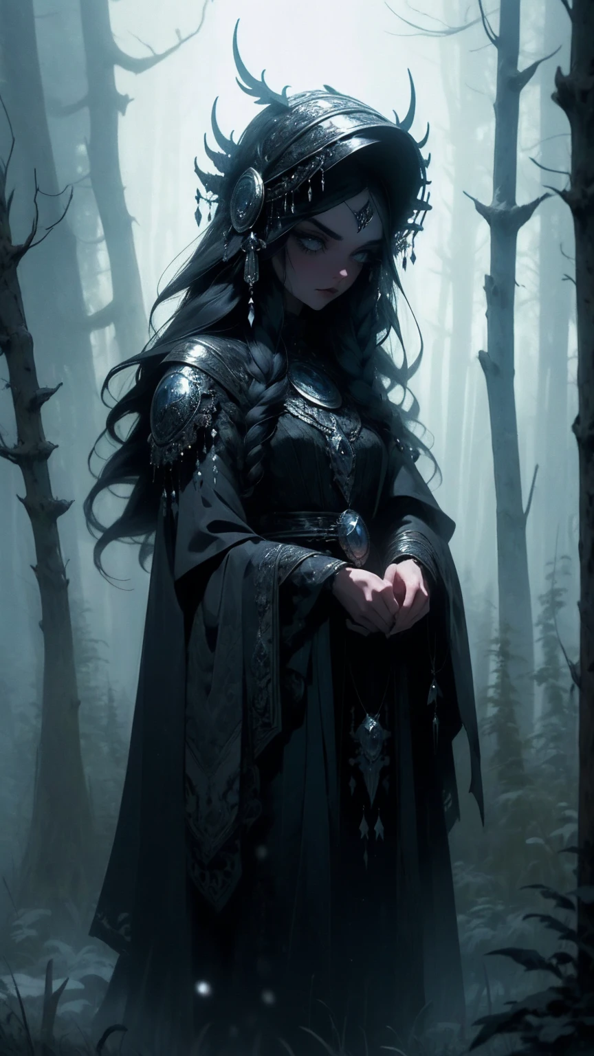 a beautiful witch, detailed intricate face, piercing eyes, long lashes, porcelain skin, flowing dark hair, ornate headdress, dark gothic dress, standing in a mystical forest, moonlit night, moody dramatic lighting, mist and fog, fantasy, dark magic, cinematic, highly detailed, photorealistic, 8k