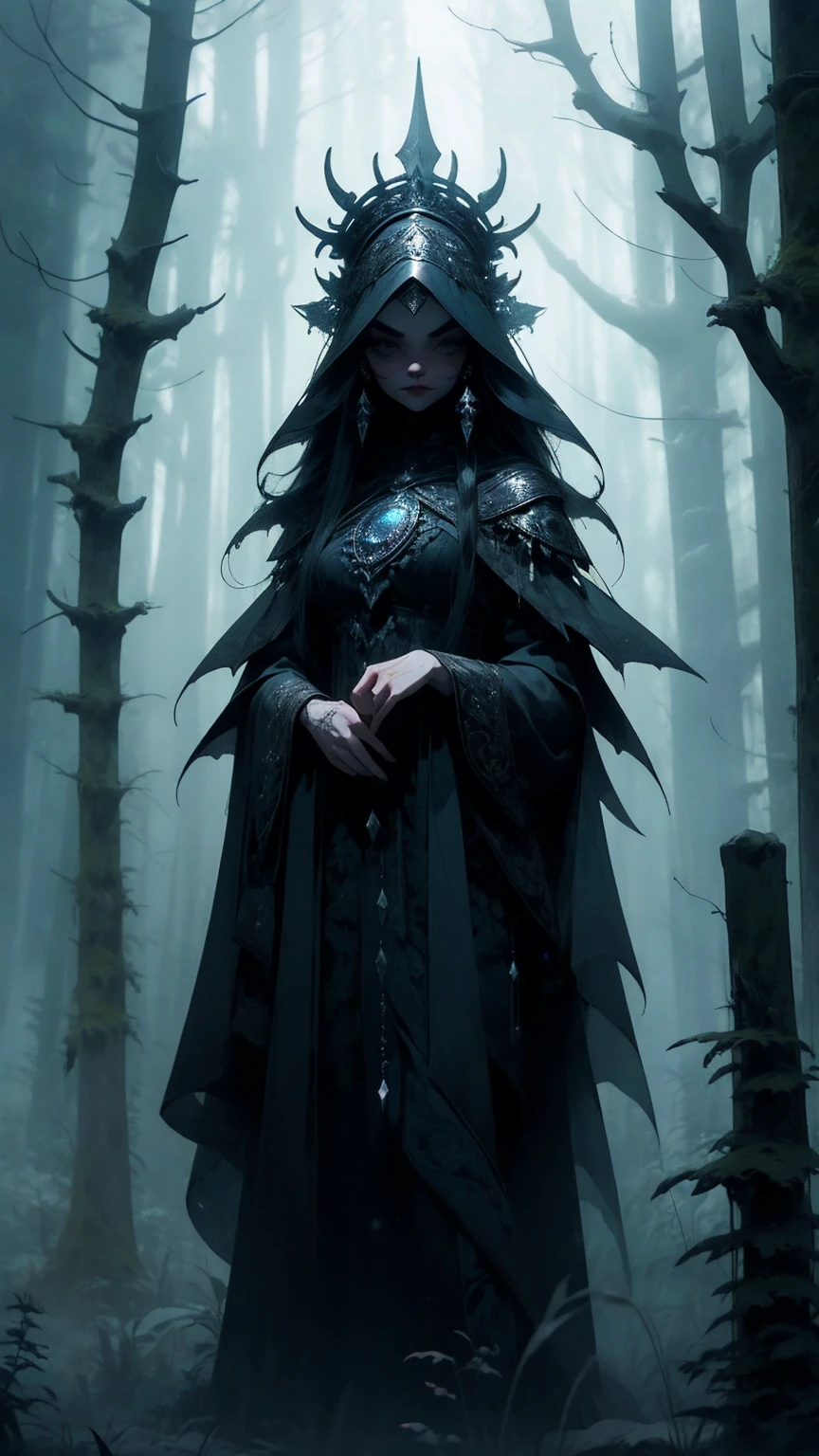 a beautiful witch, detailed intricate face, piercing eyes, long lashes, porcelain skin, flowing dark hair, ornate headdress, dark gothic dress, standing in a mystical forest, moonlit night, moody dramatic lighting, mist and fog, fantasy, dark magic, cinematic, highly detailed, photorealistic, 8k