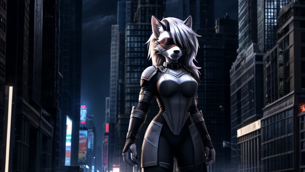 Loona from Helluva Boss, female white wolf, short white hair, blindfold, white combat military armor suit with combat mask, standing above a building, New York, night, dark lighting, extremely detailed, solo, beautiful, high quality, 4K