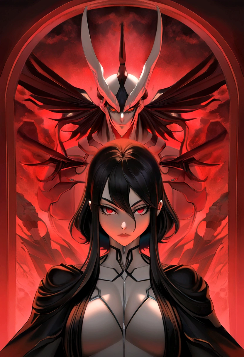 anime, (((portrait of ele disse))), uma mulher adulta, (((um cabelo preto))), (((olhos vermelhos))), ((demonia feminina)), ((female villain)), 8K, motor irreal, octane rendering, trends on pixiv, fan box, espeto, Obra de arte, pele macia e suave, olhos serios e cansados, lindos cabelos pretos intrincados, Symmetrical, olhos arregalados de anime, red lighting, arte conceitual, pintura digital, caverna com fogo e chao de lava