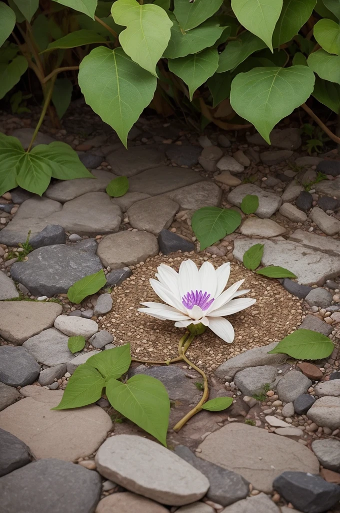 Crie uma imagem de uma flor, but designed with stones and leaves. Imagem da vida real